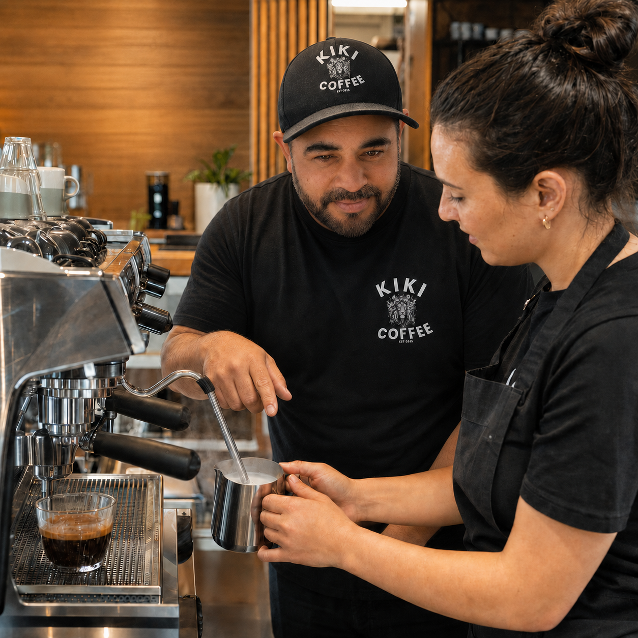 Barista training at an espresso machine