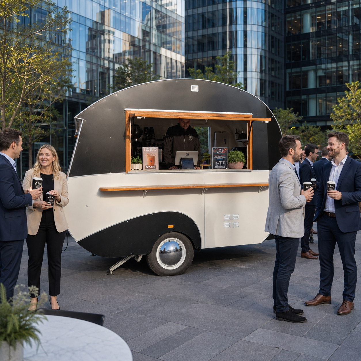 Business professionals gathering around a coffee trailer